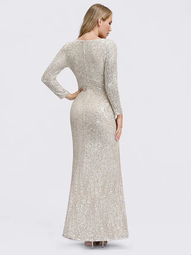 Wholesa Sheath / Column Sexy Furcal Formal Evening Dress Plunging Neck Long Sleeve Floor Length Sequined with Sequin Split Front