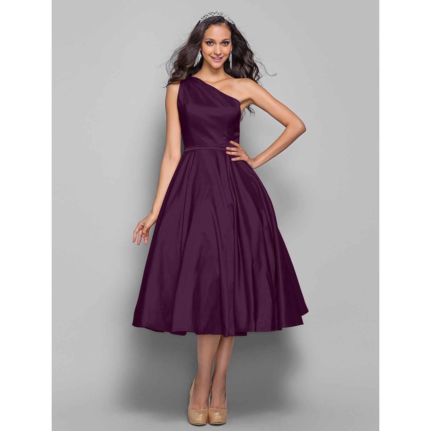 wholesale  A-Line Minimalist Elegant Cocktail Party Wedding Party Dress One Shoulder Sleeveless Tea Length Taffeta with Sash / Ribbon
