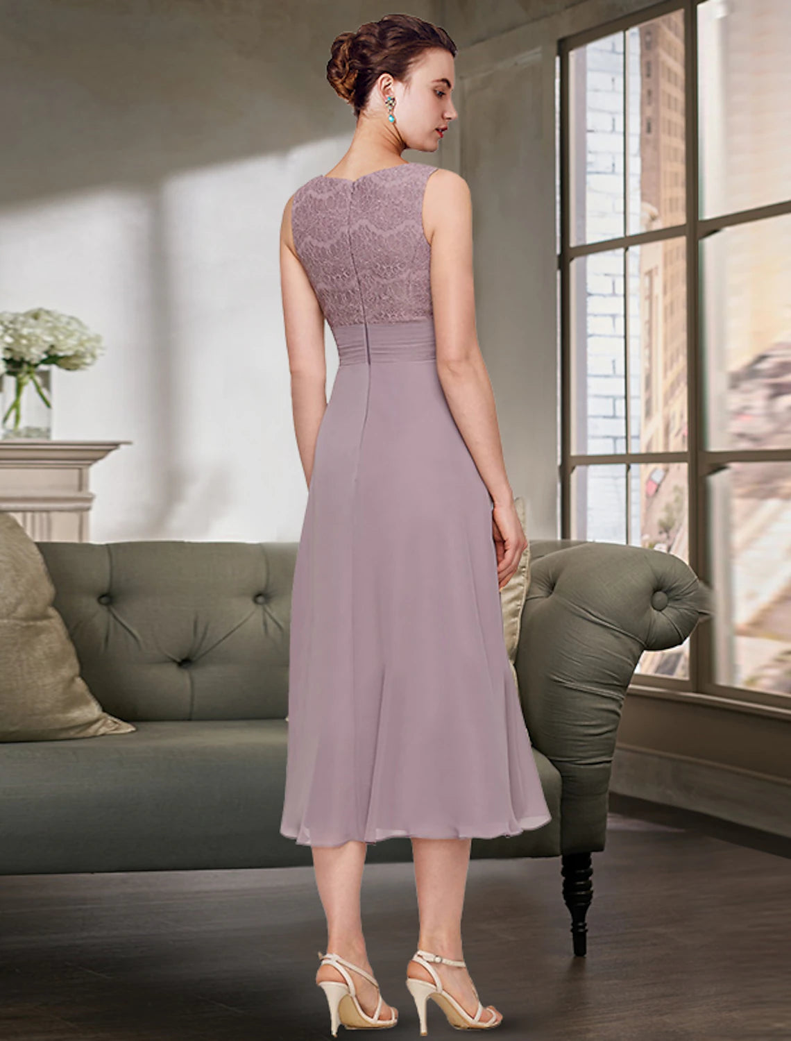 wholesale  Two Piece Mother of the Bride Dress Wedding Guest Elegant Jewel Neck Tea Length Chiffon Lace Half Sleeve with Solid Color