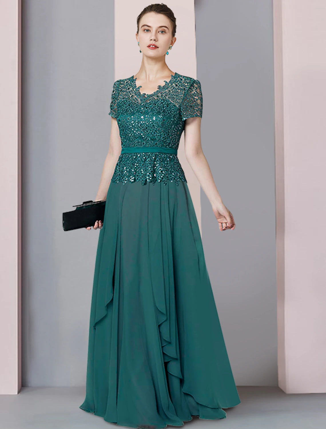 wholesale  A-Line Mother of the Bride Dress Formal Party Sparkle & Shine Elegant V Neck Floor Length Chiffon Sequined Short Sleeve with Pleats Sequin