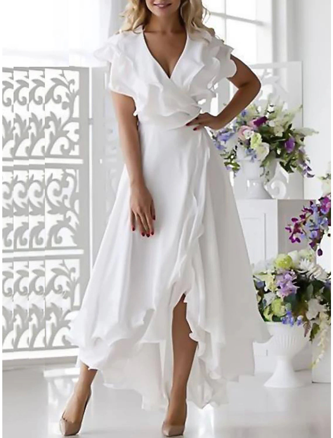 Wholesa A-Line Simple Wedding Dress Little White Dress Elegant High Low V Neck Plus Size Asymmetrical Chiffon Short Sleeve with Ruffles Split Front