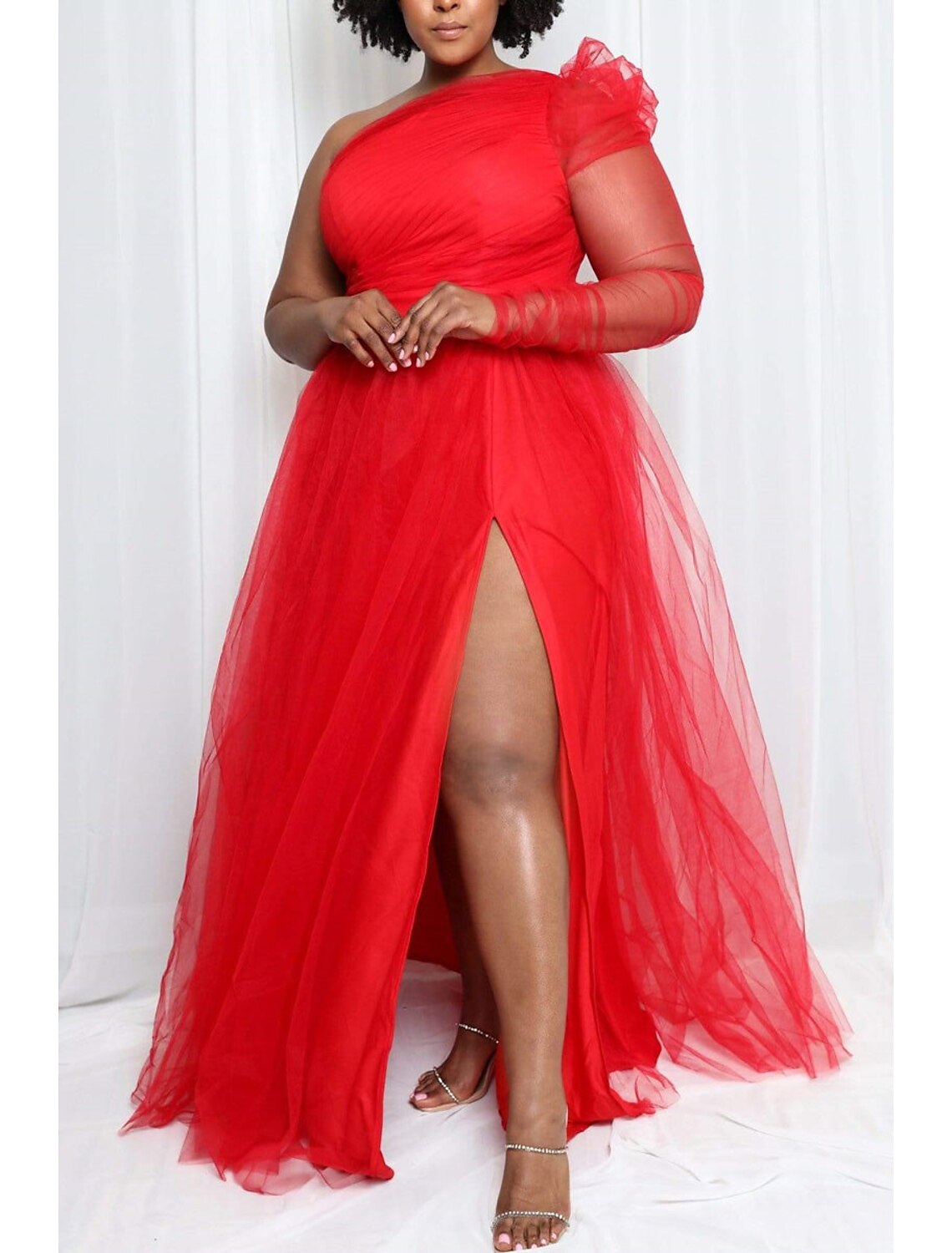 Wholesa A-Line Prom Dresses Plus Size Dress Wedding Guest Formal Evening Sweep / Brush Train Long Sleeve One Shoulder Wednesday Addams Family Tulle with Slit Pure Color