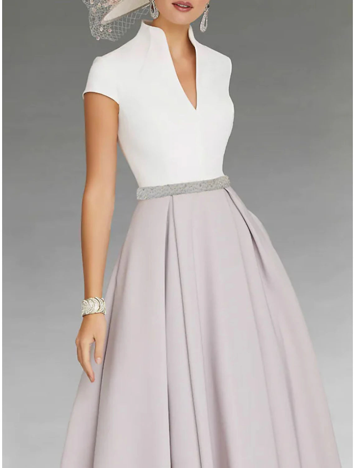 Wholesa A-Line Mother of the Bride Dress Elegant Vintage V Neck Tea Length Stretch Fabric Short Sleeve with Sash / Ribbon Pleats