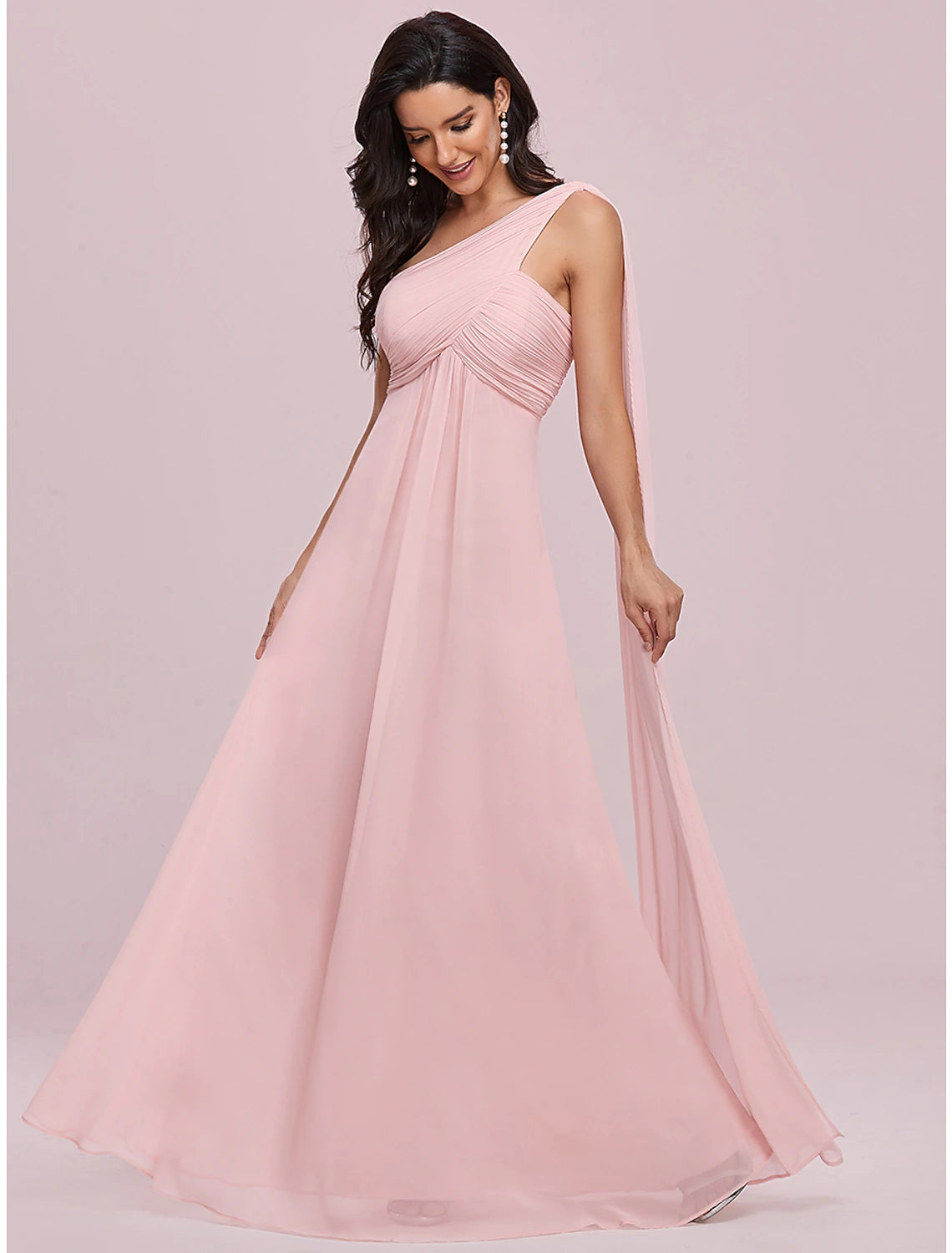 Wholesa  A-Line Evening Gown Empire Dress Wedding Guest Formal Evening Floor Length Sleeveless One Shoulder Bridesmaid Dress Chiffon Backless with Pleats Draping