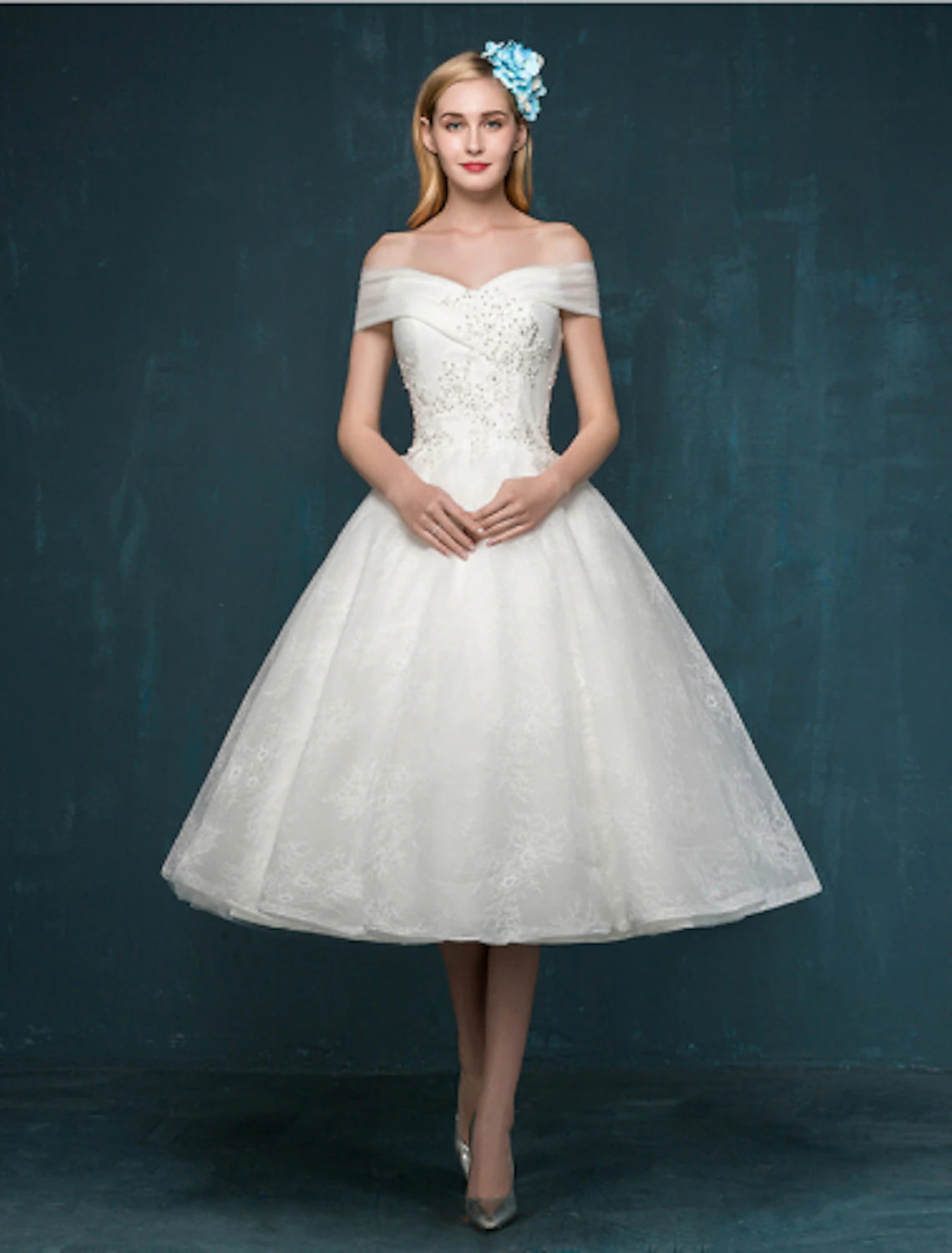 wholesale  Reception Little White Dresses Wedding Dresses A-Line Off Shoulder Cap Sleeve Tea Length Lace Bridal Gowns With Beading Sequin