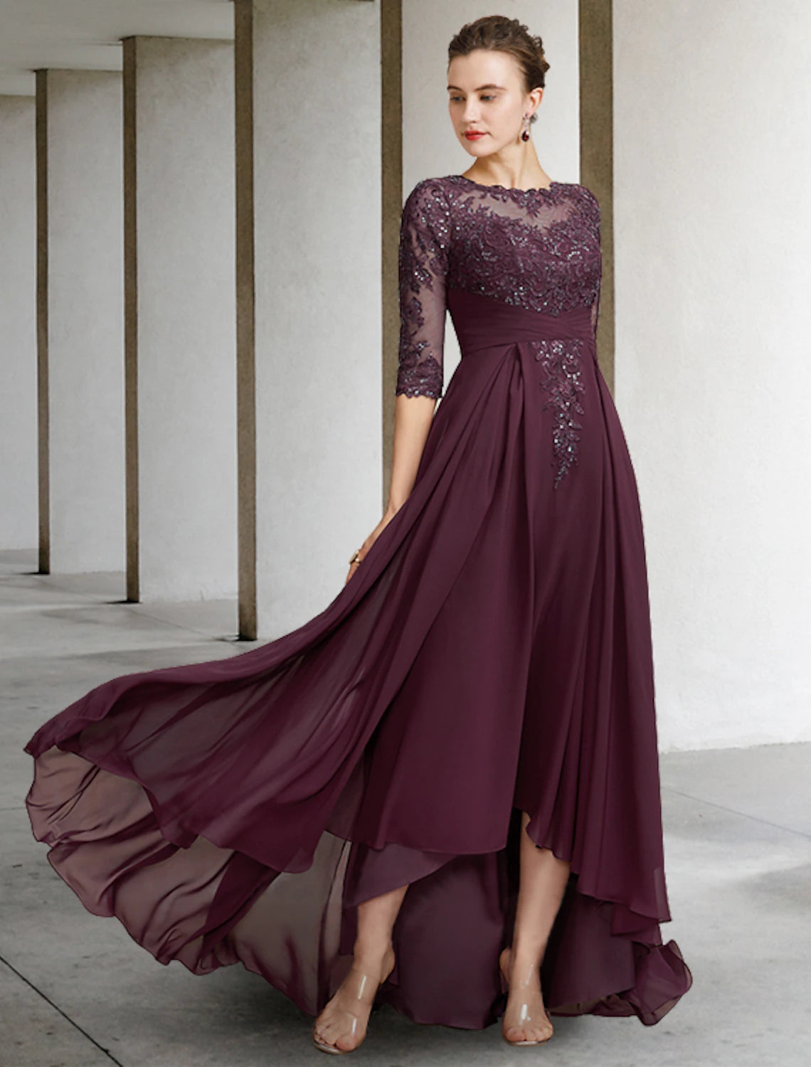 wholesale  A-Line Mother of the Bride Dress Elegant High Low Jewel Neck Asymmetrical Floor Length Chiffon Lace Half Sleeve with Pleats Appliques