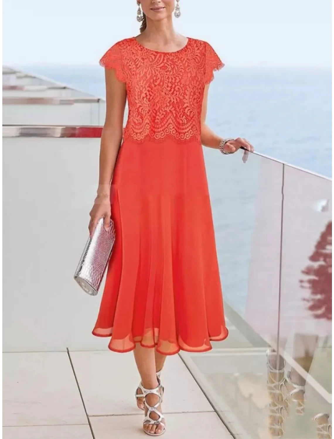 wholesale  Sheath / Column Mother of the Bride Dress Wedding Guest Vintage Elegant Scoop Neck Tea Length Chiffon Lace Cap Sleeve with Pleats Solid Color