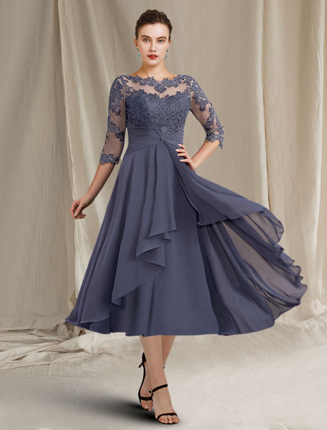 wholesale  A-Line Mother of the Bride Dress Plus Size Elegant Jewel Neck Tea Length Chiffon Lace 3/4 Length Sleeve with Pleats Appliques