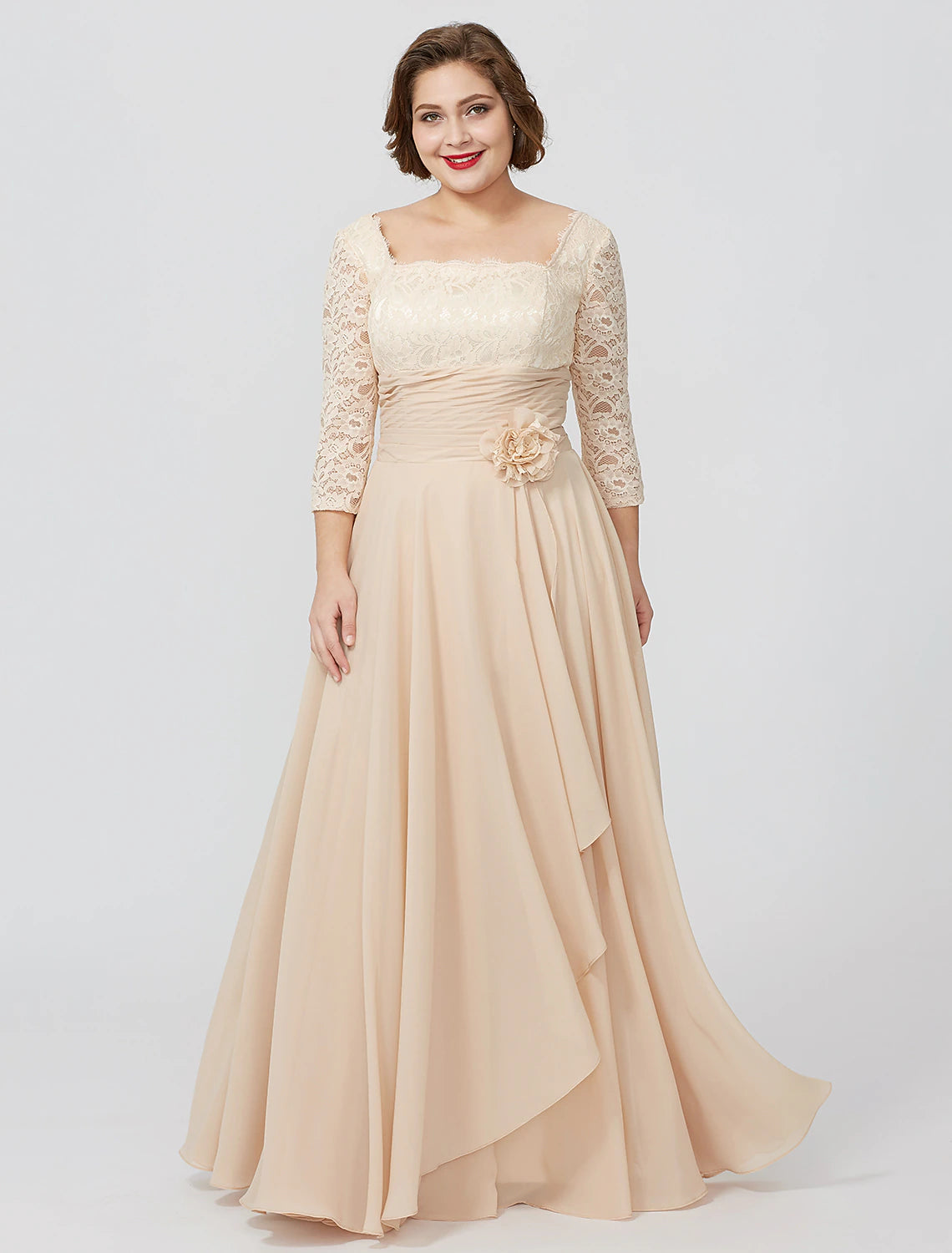 wholesale  Sheath / Column Mother of the Bride Dress Formal Classic & Timeless Elegant & Luxurious Plus Size Square Neck Floor Length Chiffon Metallic Lace 3/4 Length Sleeve No with Sash / Ribbon Flower