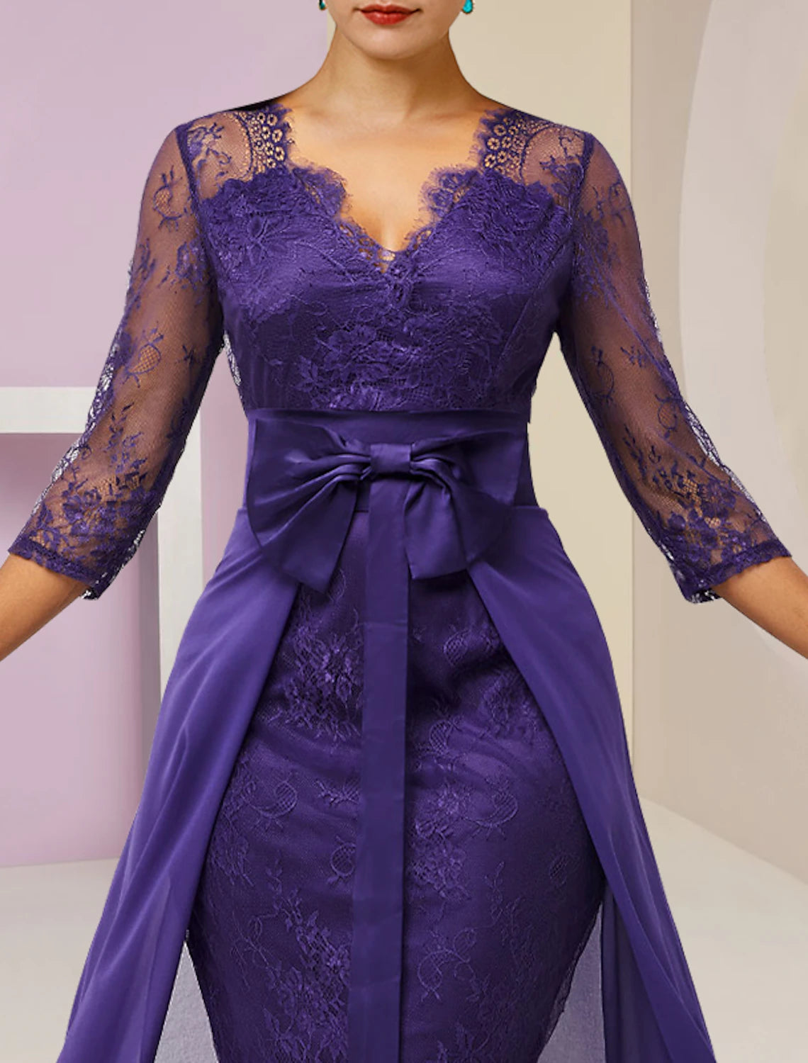 wholesale  Two Piece Sheath / Column Mother of the Bride Dress Formal Fall Wedding Guest Elegant detachable V Neck Knee Length Chiffon Lace 3/4 Length Sleeve with Bow(s)