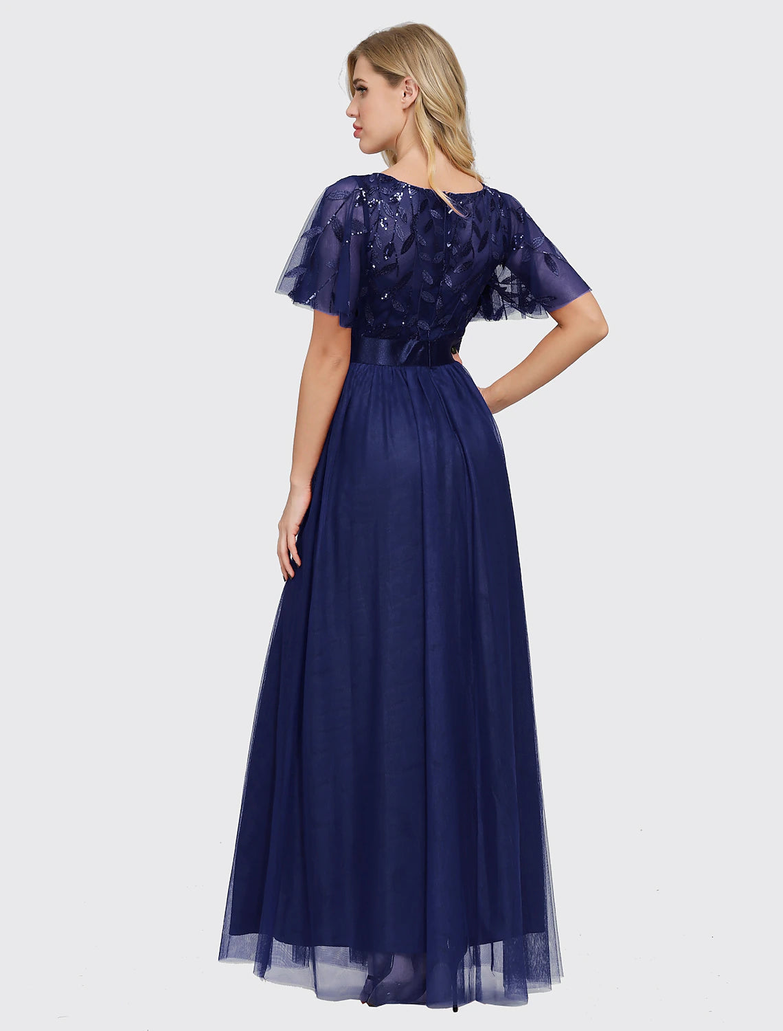 wholesa A-Line Empire Elegant Party Wear Prom Dress Jewel Neck Short Sleeve Floor Length Tulle with Embroidery / Illusion Sleeve