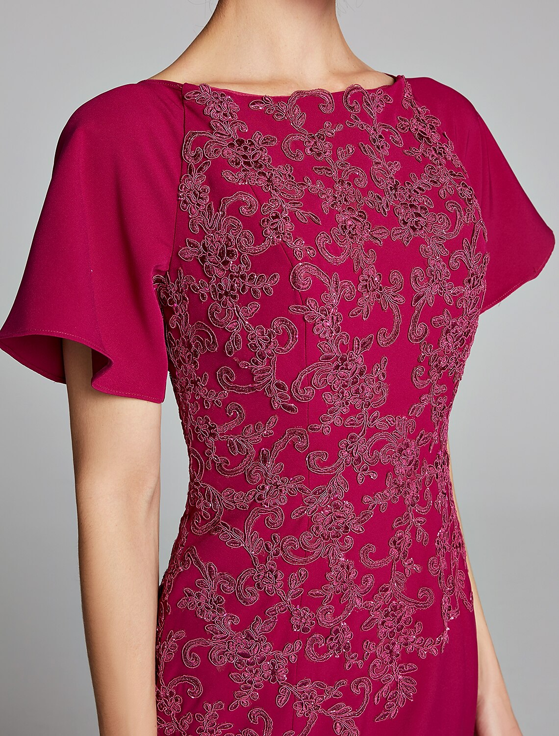 wholesale   Mermaid / Trumpet Mother of the Bride Dress Bateau Neck Floor Length Chiffon Lace Short Sleeve with Lace Split Front