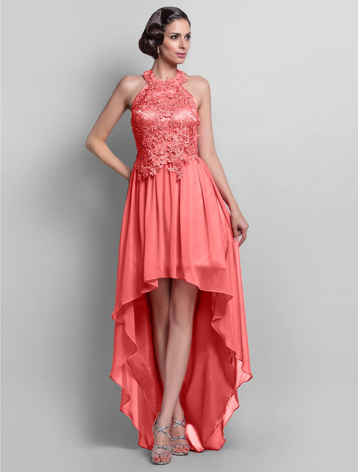 Wholesa Sheath / Column Open Back Dress Wedding Guest Cocktail Party Asymmetrical Sleeveless Halter Neck Chiffon Backless with Appliques