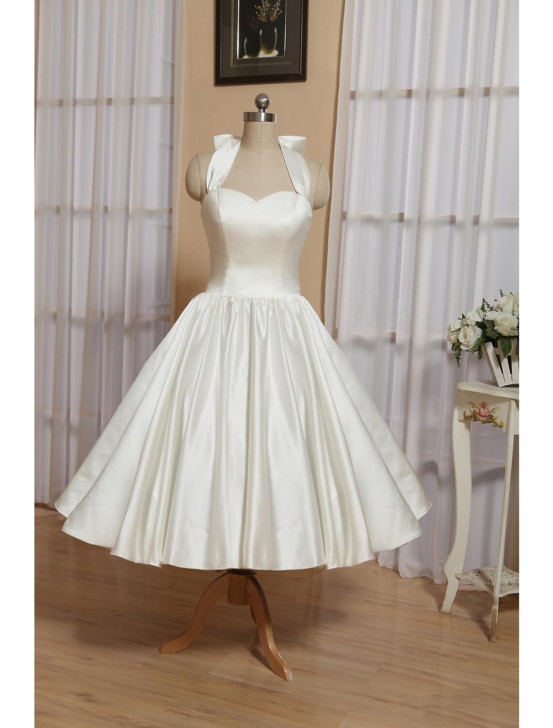 wholesale  Reception Little White Dresses Wedding Dresses A-Line Halter Sleeveless Tea Length Satin Bridal Gowns With Bow(s) Pleat