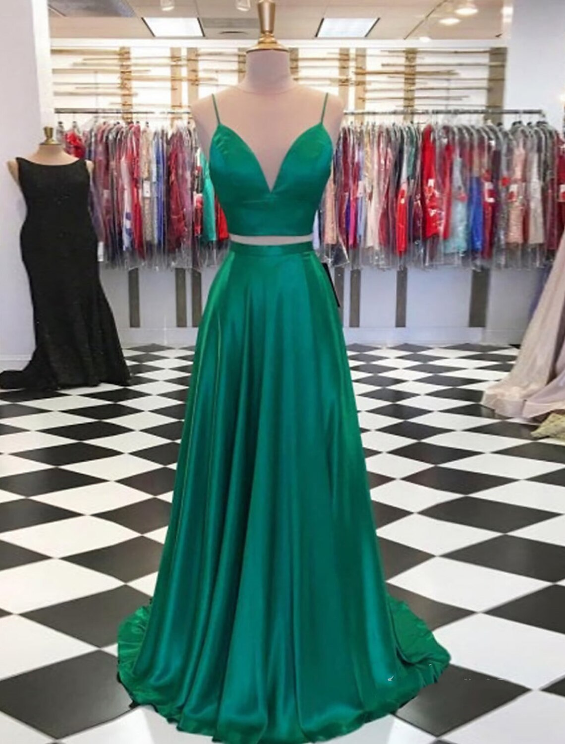 wholesale  Two Piece Prom Dresses Sexy Dress Formal Wedding Guest Sweep / Brush Train Sleeveless Spaghetti Strap Charmeuse with Bow(s) Slit