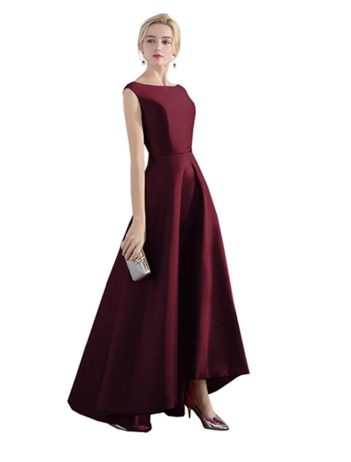 wholesa A-Line Evening Gown Minimalist Dress Party Wear Formal Evening Asymmetrical Sleeveless Jewel Neck Satin with Sleek