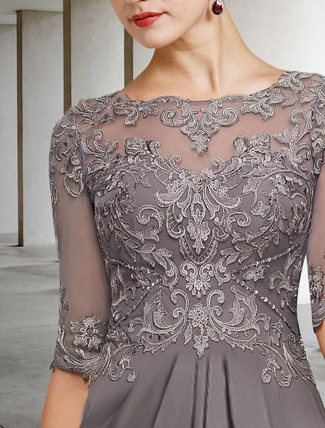 wholesale  A-Line Mother of the Bride Dress Plus Size Elegant Jewel Neck Floor Length Chiffon Lace Half Sleeve with Pleats Beading Appliques