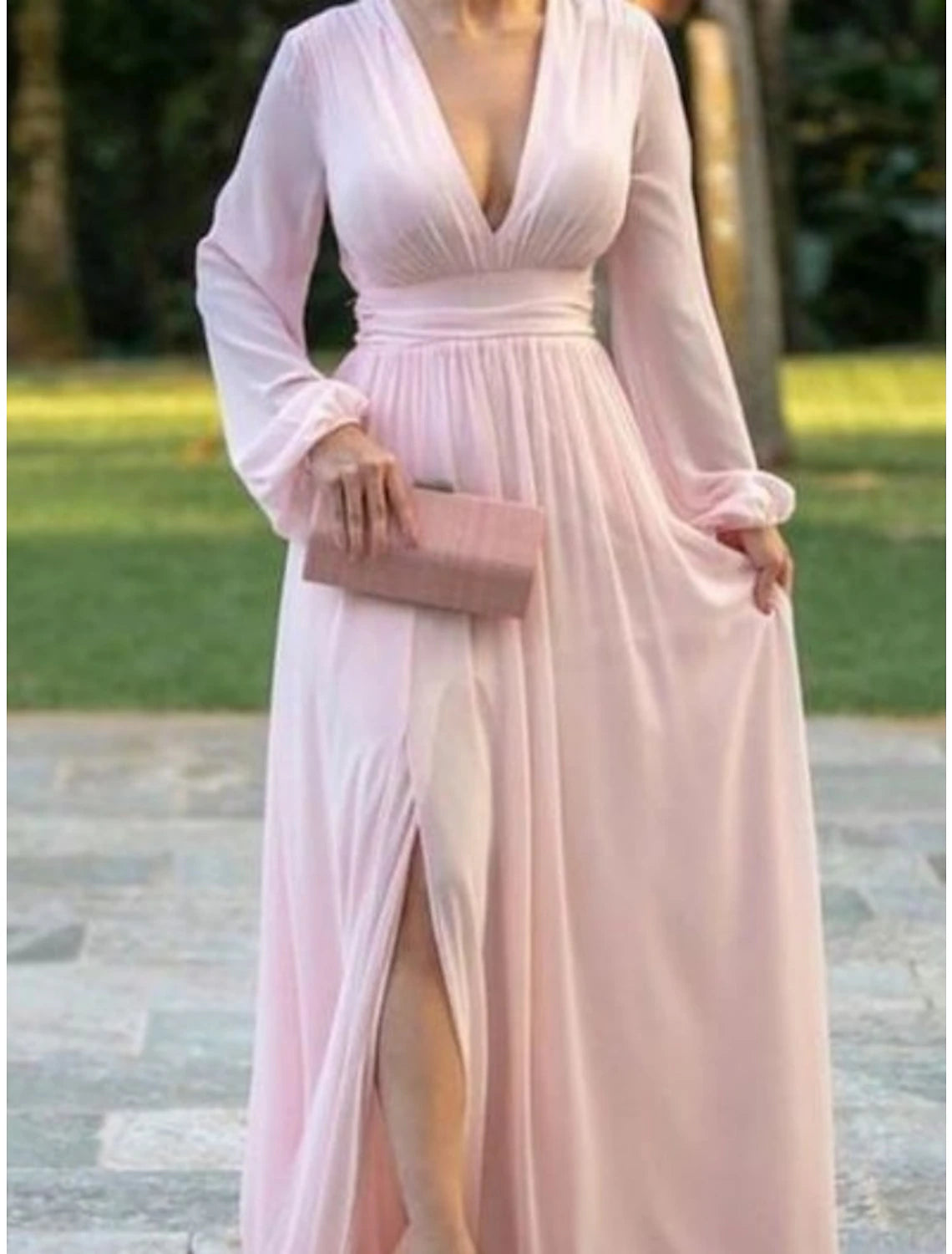 Wholesa A-Line Mother of the Bride Dress Wedding Guest Elegant V Neck Sweep / Brush Train Chiffon Long Sleeve with Split Front Ruching