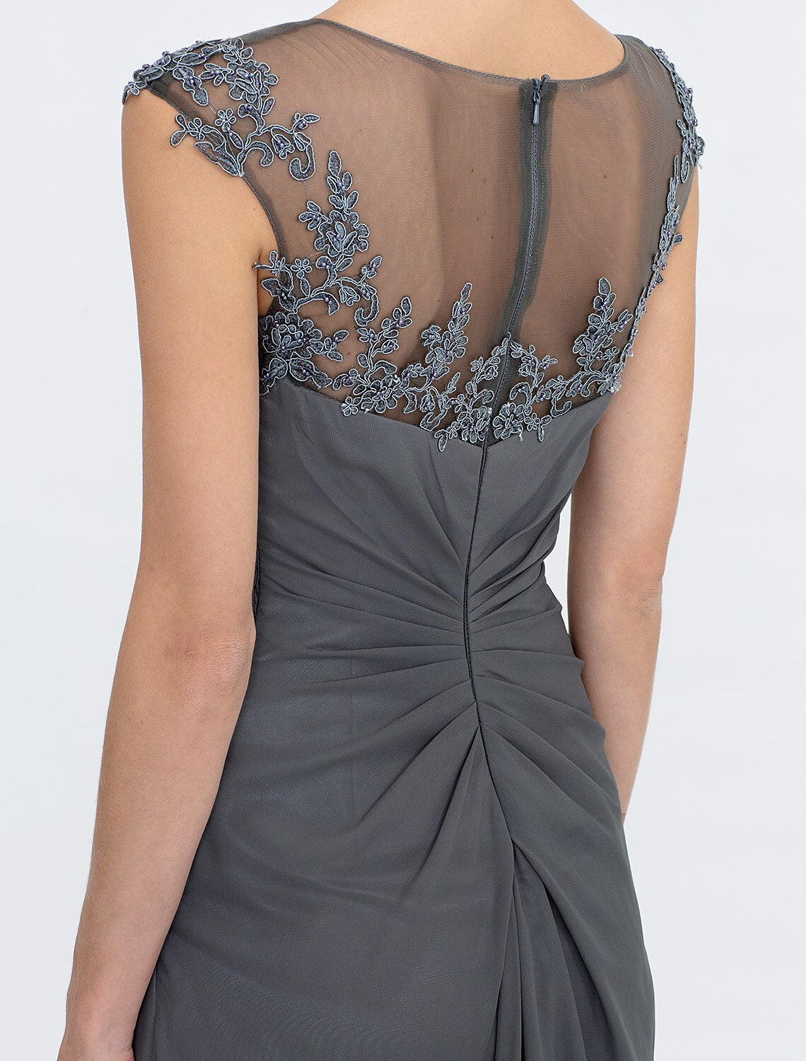 wholesale  A-Line Mother of the Bride Dress Wedding Guest Elegant See Through Bateau Neck Floor Length Chiffon Lace Sleeveless with Side Draping Fall