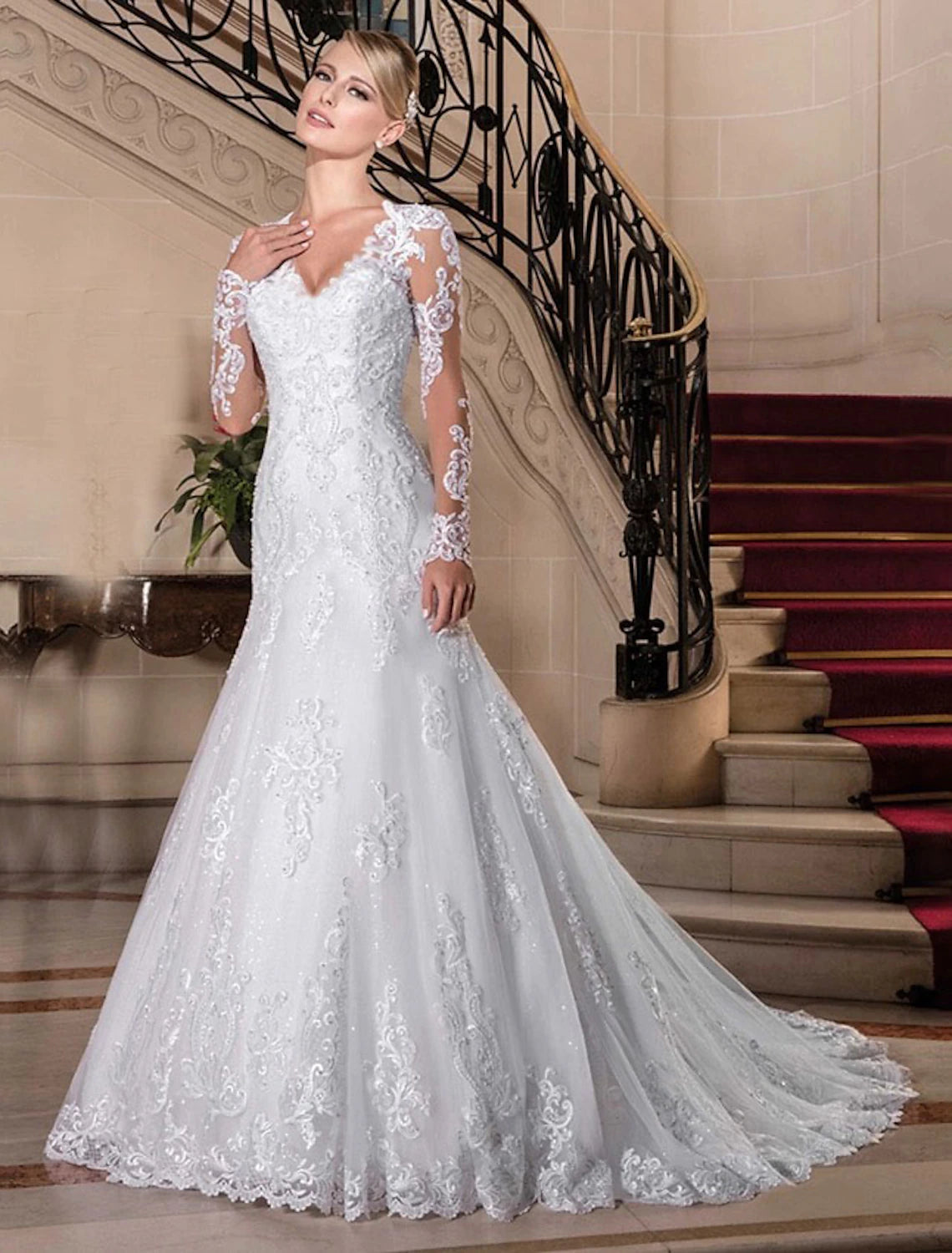 wholesale  Engagement Formal Fall Wedding Dresses Mermaid / Trumpet Sweetheart Long Sleeve Court Train Lace Bridal Gowns With Beading