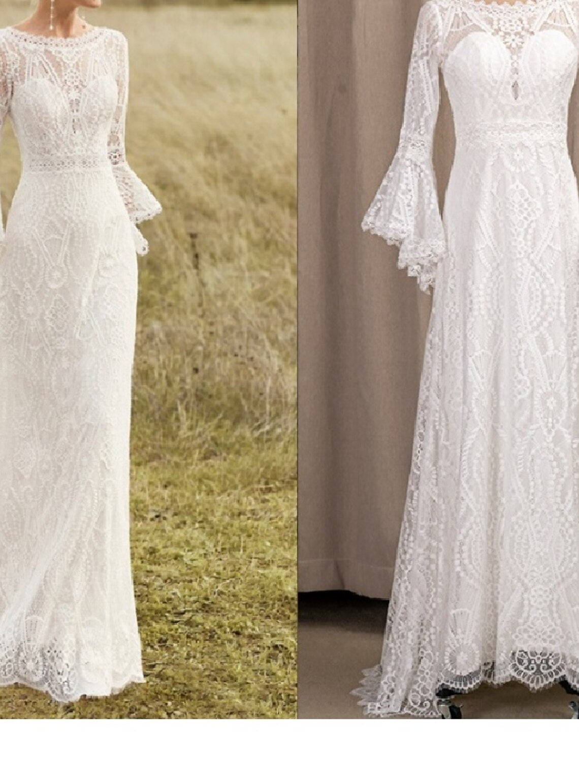 wholesale  Beach Boho Wedding Dresses A-Line Scoop Neck Long Sleeve Sweep / Brush Train Lace Bridal Gowns With Lace Solid Color