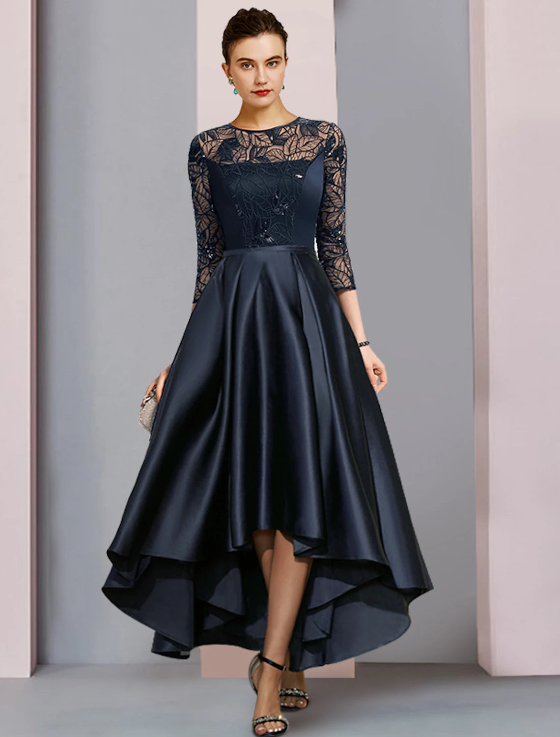 wholesale A-Line Mother of the Bride Dress Wedding Guest Vintage Party Jewel Neck Asymmetrical Satin Lace Sequined Half Sleeve with Pleats