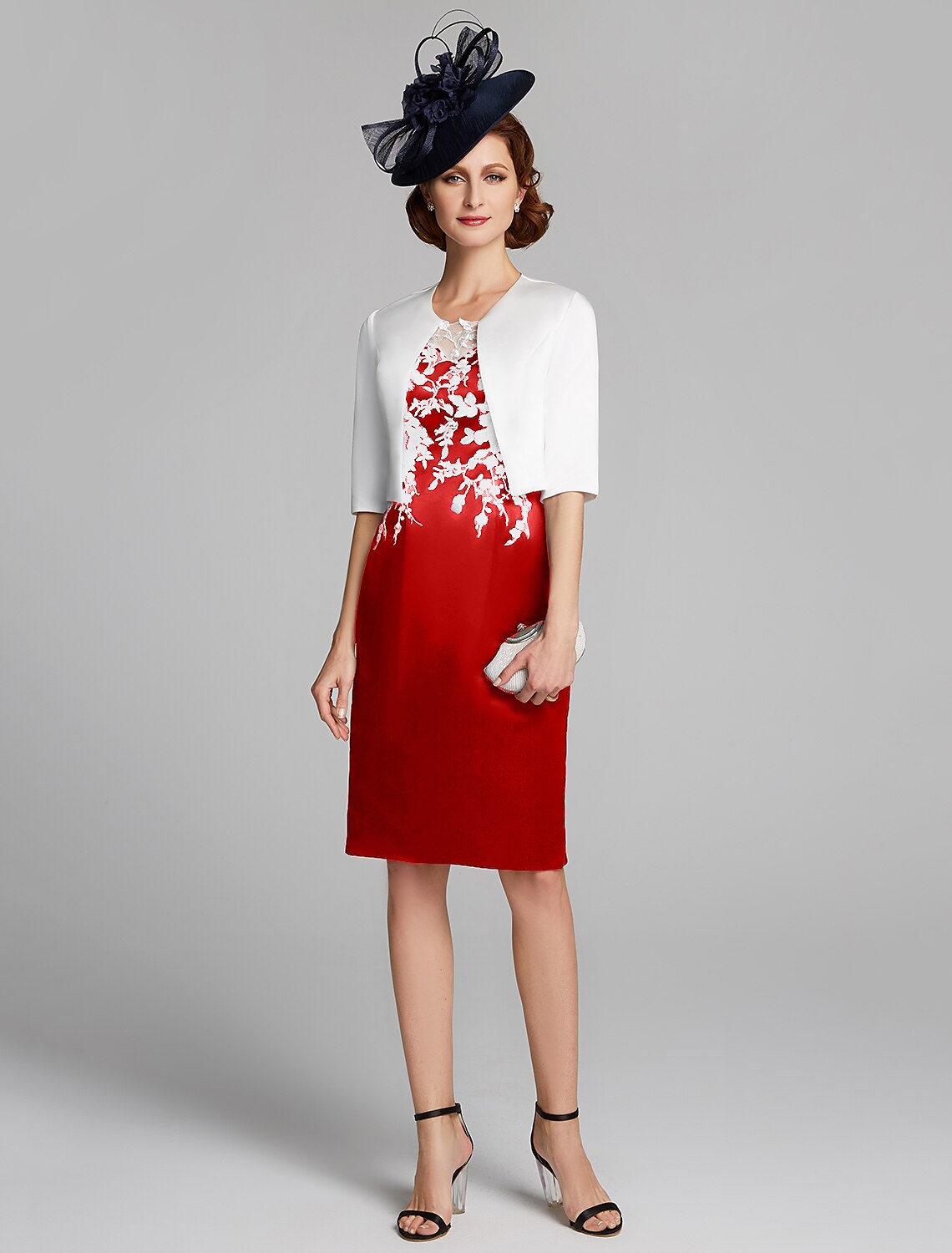 wholesale  Sheath / Column Mother of the Bride Dress Wrap Included Jewel Neck Knee Length Satin Lace Sleeveless with Appliques