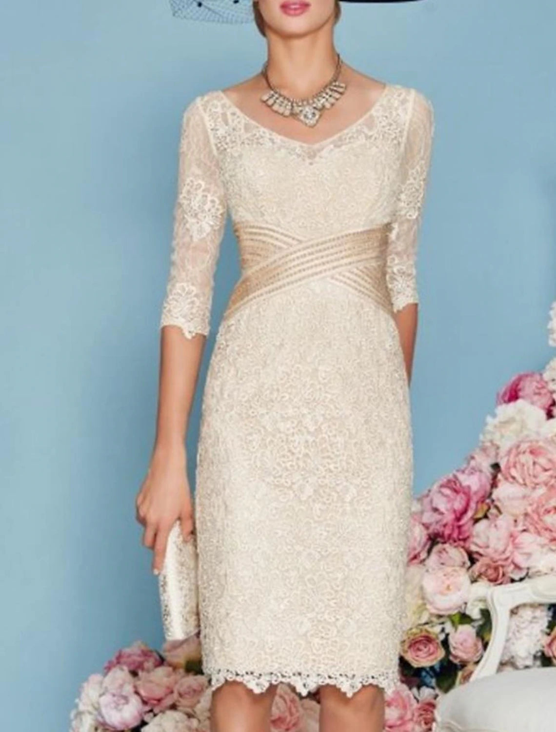 Wholesa Two Piece Sheath / Column Mother of the Bride Dress Elegant With Jacket 3/4 Sleeve Scoop Neck Knee Length Chiffon Lace Sash / Ribbon Winter