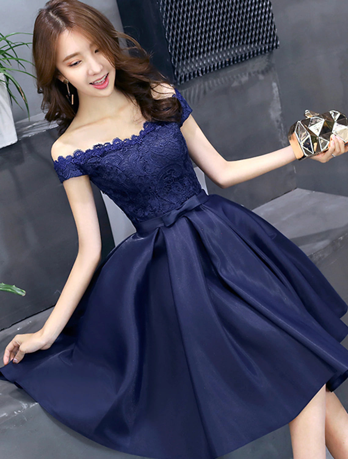 wholesale A-Line Elegant Floral Cocktail Party Prom Dress Off Shoulder Sleeveless Short / Mini Lace with Pleats