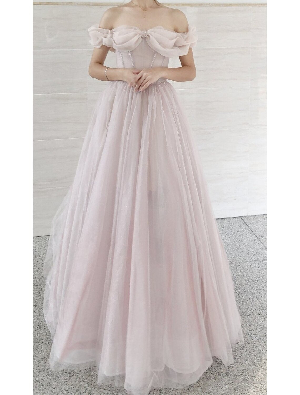Wholesa A-Line Prom Dresses Empire Dress Prom Formal Evening Sweep / Brush Train Short Sleeve Sweetheart Tulle with Pleats Beading