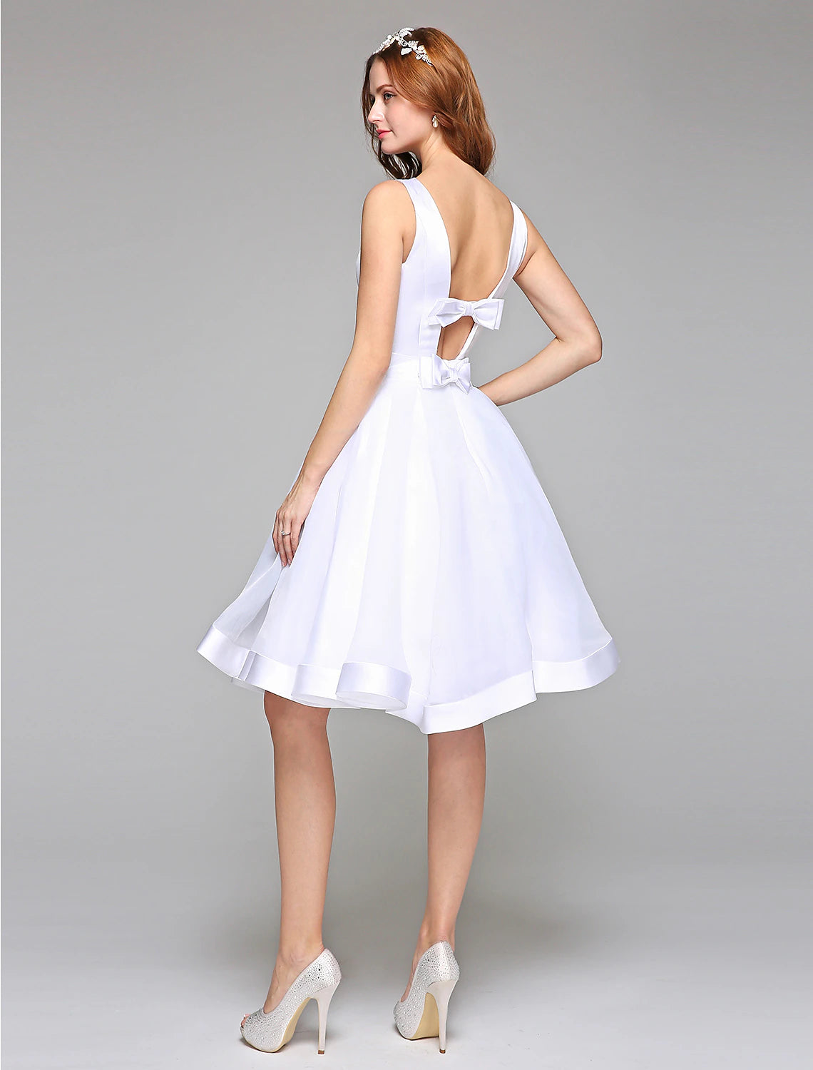 Wholesa  Wedding Dresses A-Line Bateau Neck Regular Straps Knee Length Satin Bridal Gowns With Bowknot Sash / Ribbon