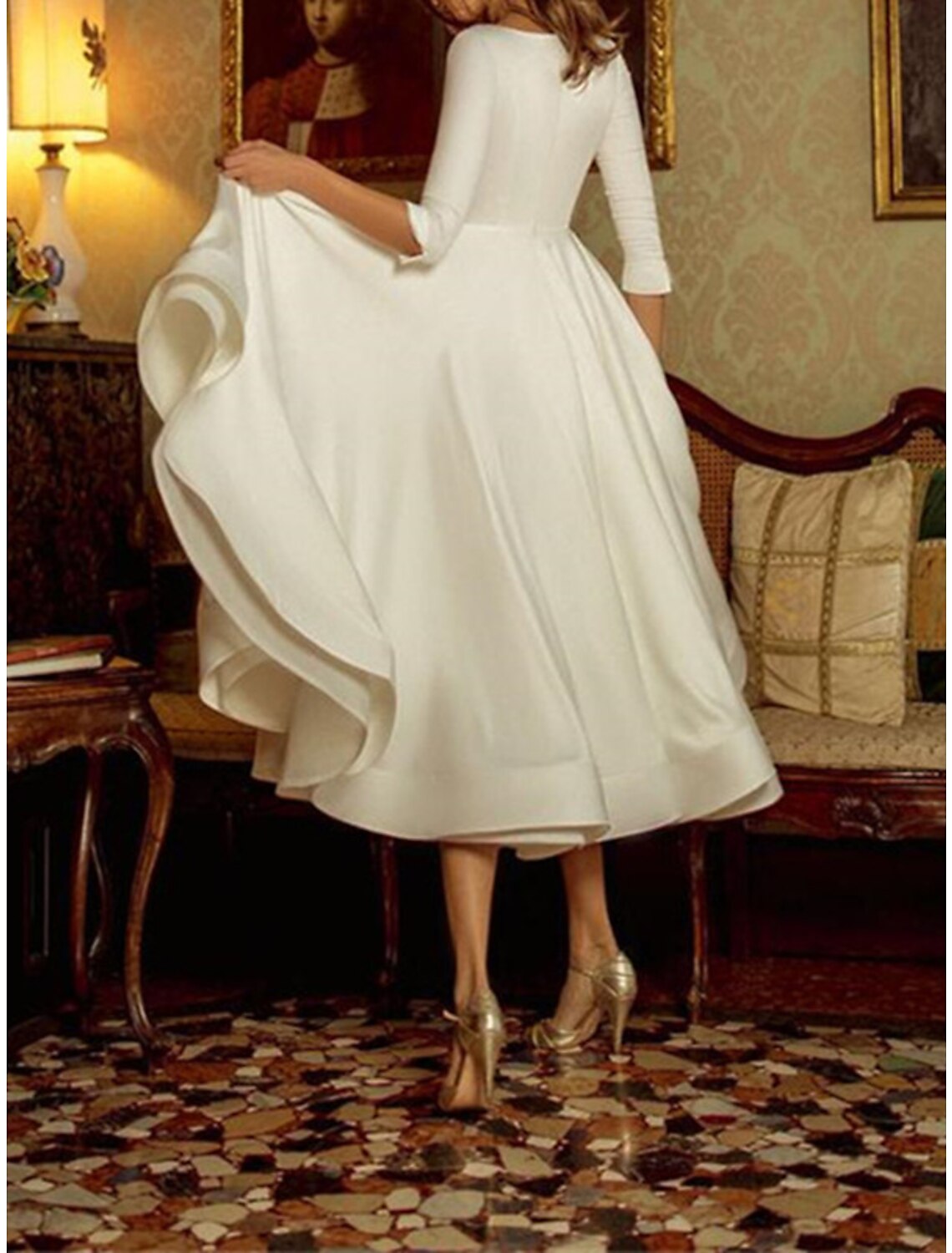 Wholesa Reception Vintage 1940s / 1950s Little White Dresses Wedding Dresses A-Line V Neck 3/4 Length Sleeve Tea Length Satin Bridal Gowns With Pleats
