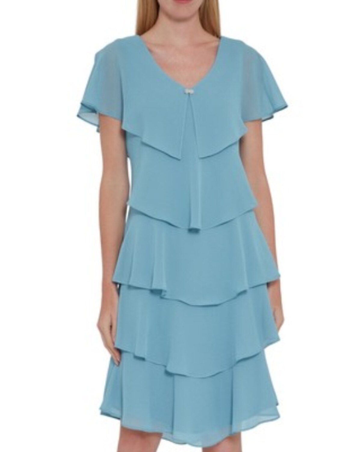 wholesale  Sheath / Column Mother of the Bride Dress Elegant V Neck Knee Length Chiffon Short Sleeve with Cascading Ruffles