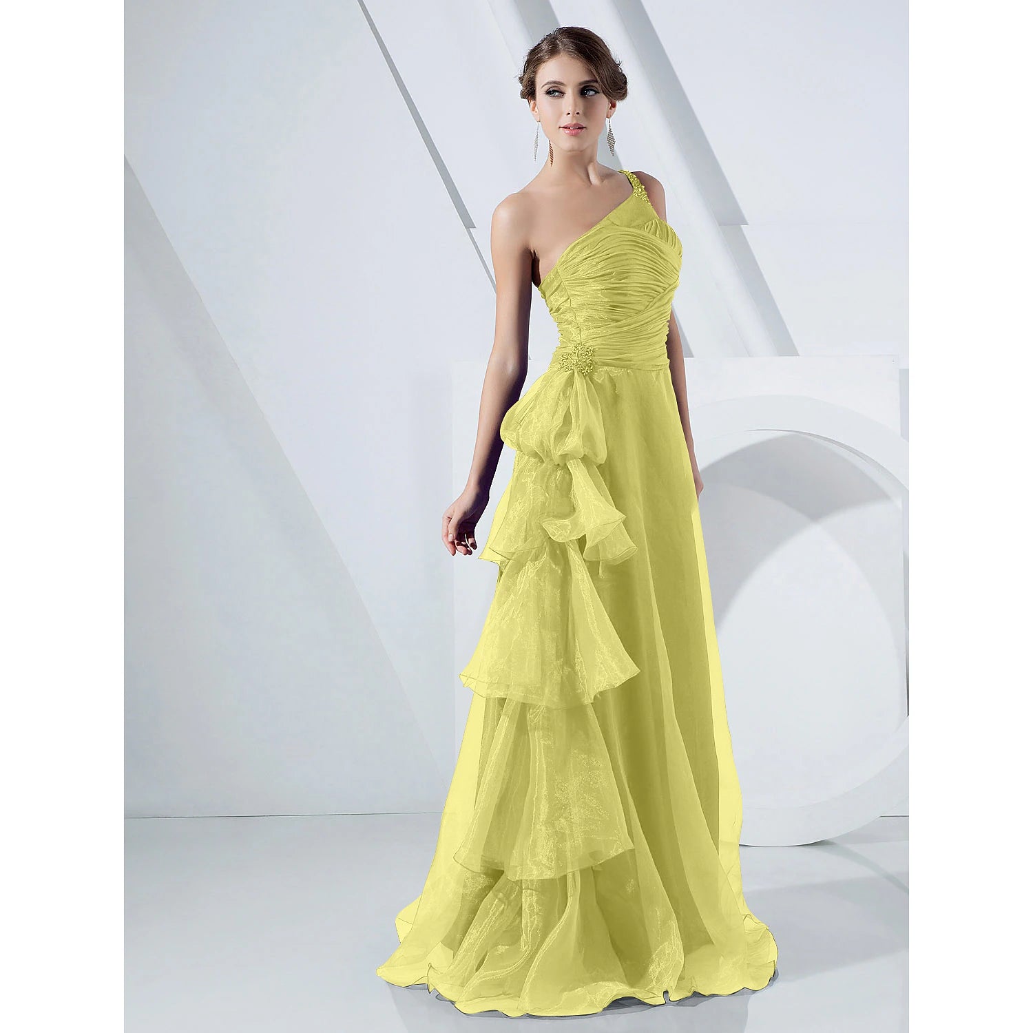 Wholesa A-Line Elegant Dress Formal Evening Military Ball Floor Length Sleeveless One Shoulder Organza with Side Draping Cascading Ruffles