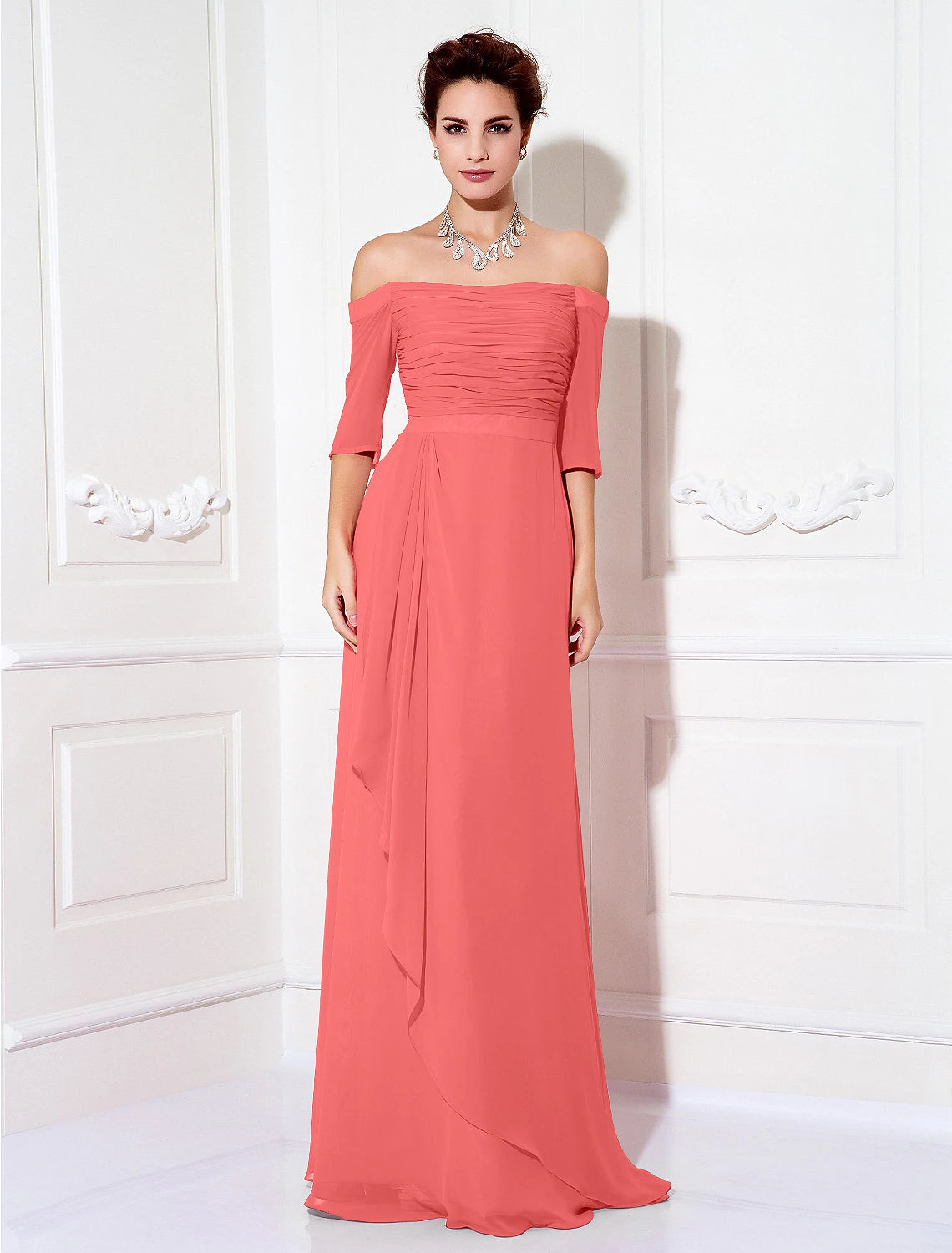 wholesa Sheath / Column Minimalist Dress Wedding Guest Formal Evening Sweep / Brush Train Half Sleeve Off Shoulder Bridesmaid Dress Chiffon with Ruched Draping