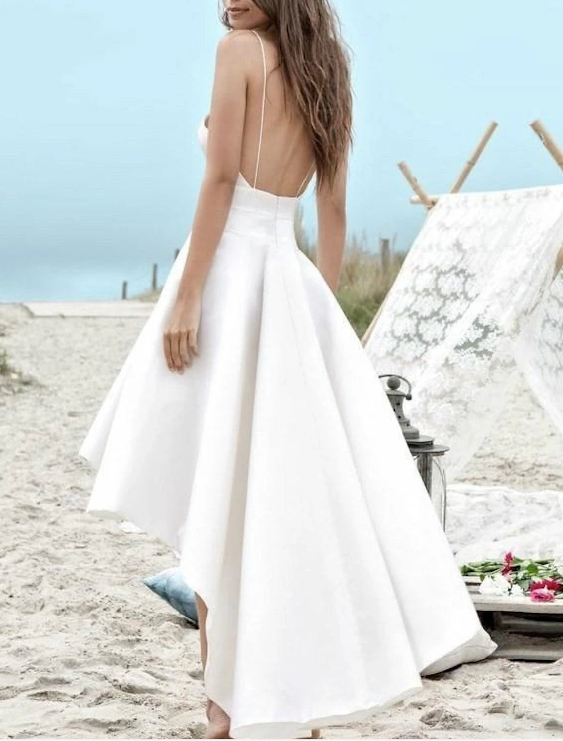 Wholesa Beach Little White Dresses Wedding Dresses A-Line Camisole V Neck Spaghetti Strap Asymmetrical Satin Bridal Gowns With Pleats