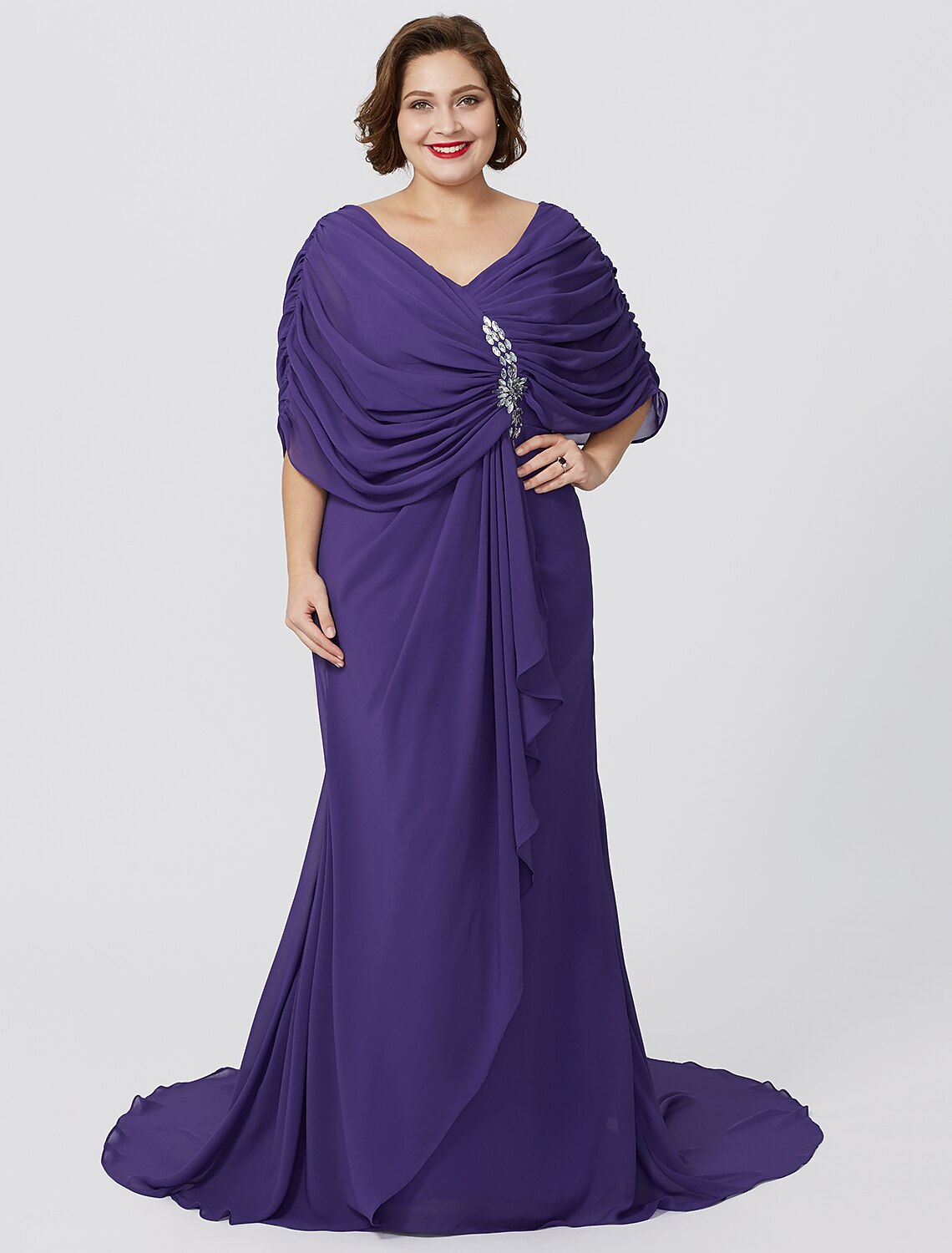 wholesale  Sheath / Column Mother of the Bride Dress Formal Classic & Timeless Elegant & Luxurious Plus Size Hide Belly V Neck Sweep / Brush Train Floor Length Chiffon Short Sleeve No with Criss Cross