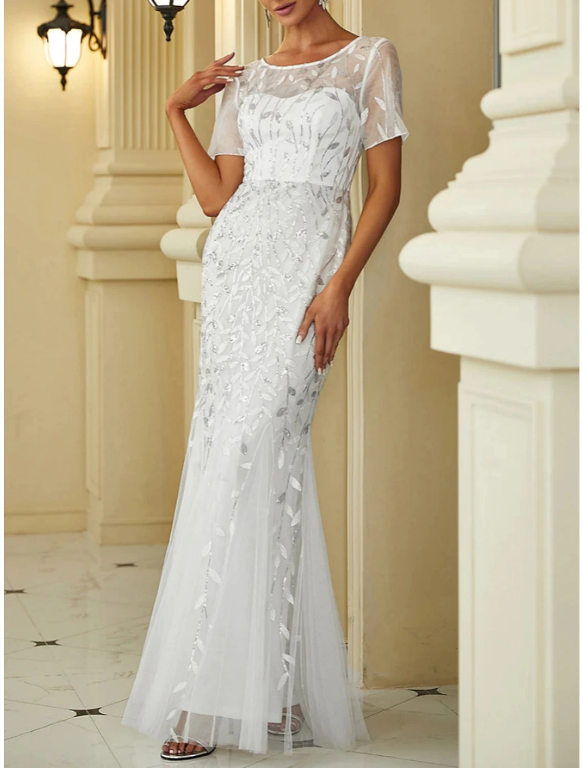 Wholesa Mermaid / Trumpet Mother of the Bride Dress Wedding Guest Elegant Sparkle & Shine Jewel Neck Floor Length Sequined Short Sleeve with Pleats Sequin