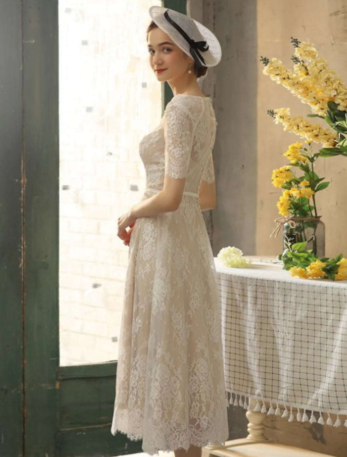 wholesale  Reception Fall Wedding Dresses Little White Dresses in Color A-Line Illusion Neck Half Sleeve Tea Length Lace Bridal Gowns With Sash / Ribbon Appliques Summer Party