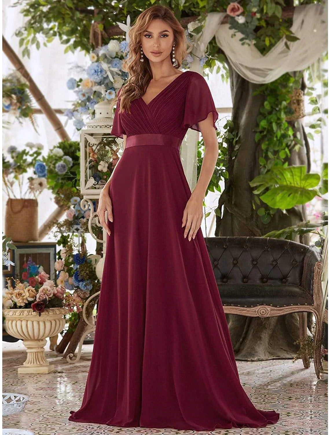 wholesale  A-Line Evening Gown Party Dress Empire Dress Wedding Guest Formal Evening Floor Length Short Sleeve V Neck Bridesmaid Dress Chiffon V Back with Ruffles Pure Color