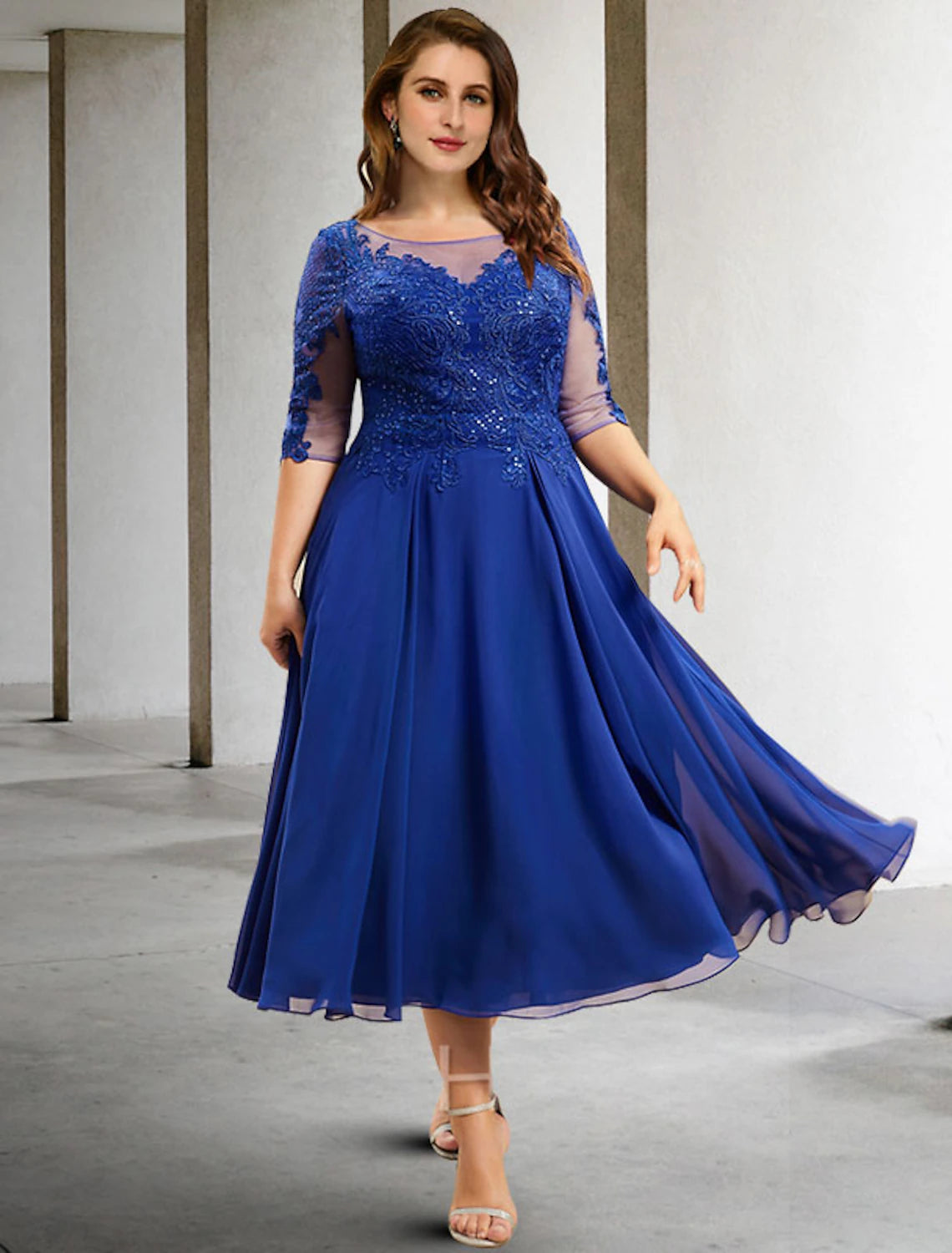 wholesale  A-Line Mother of the Bride Dresses Plus Size Hide Belly Curve Elegant Dress Formal Tea Length Half Sleeve Jewel Neck Chiffon with Pleats Sequin Appliques Fall