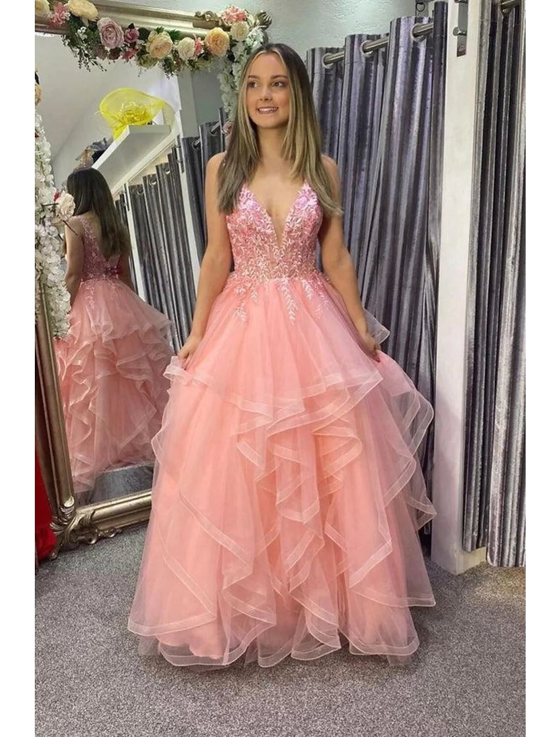 Wholesa A-Line Prom Dresses Princess Dress Formal Floor Length Sleeveless V Neck Tulle Backless with Pleats Appliques