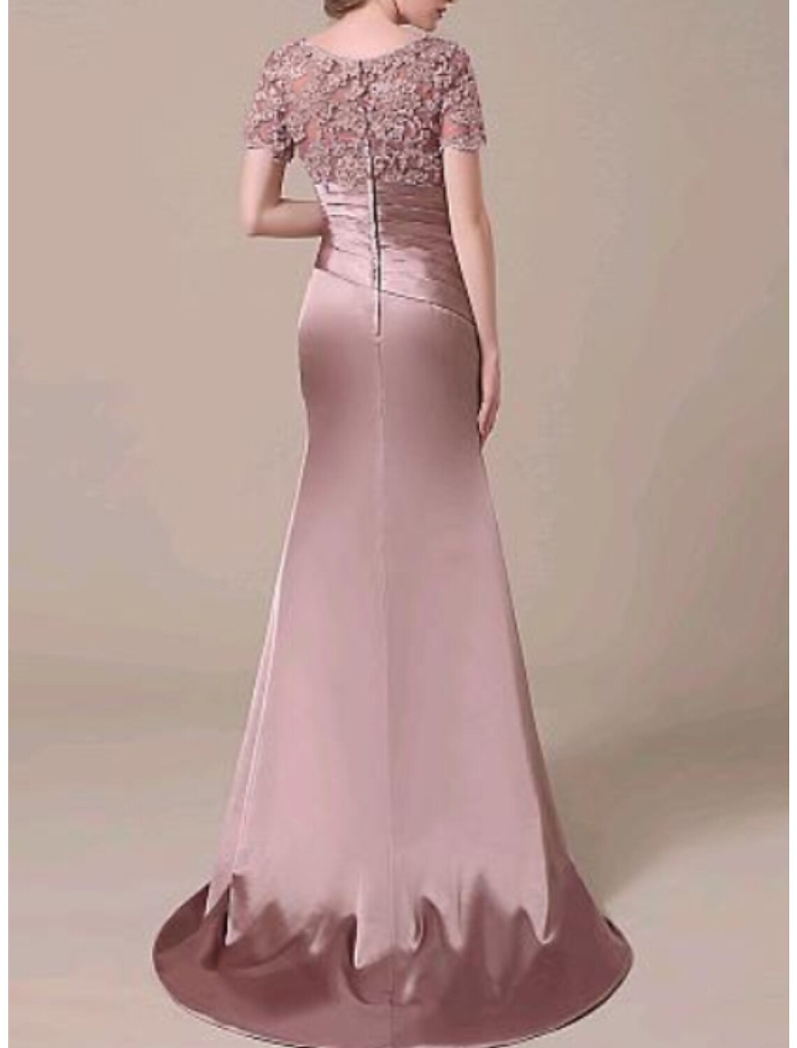 Wholesa Mermaid / Trumpet Elegant Formal Evening Dress Jewel Neck Short Sleeve Sweep / Brush Train Lace with Ruched Ruffles Appliques