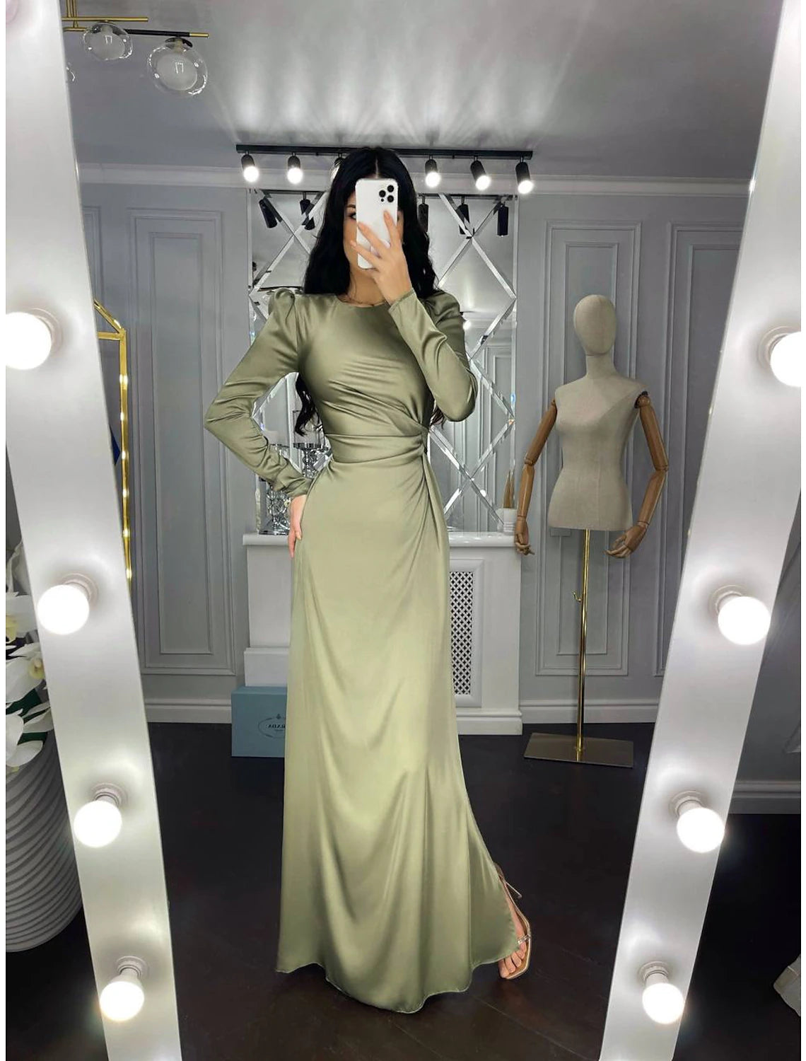 Wholesa Sheath / Column Evening Gown Elegant Dress Wedding Guest Fall Floor Length Long Sleeve High Neck Bridesmaid Dress Satin with Ruched