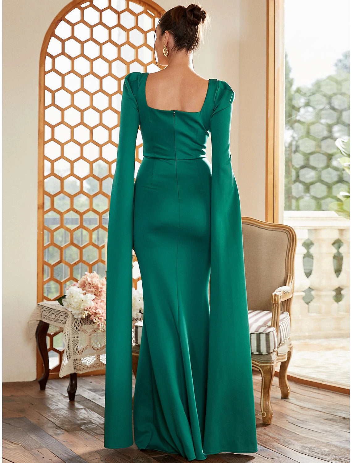Wholesa Sheath / Column Evening Gown Elegant Dress Formal Fall Floor Length Long Sleeve Square Neck Stretch Fabric with Pleats