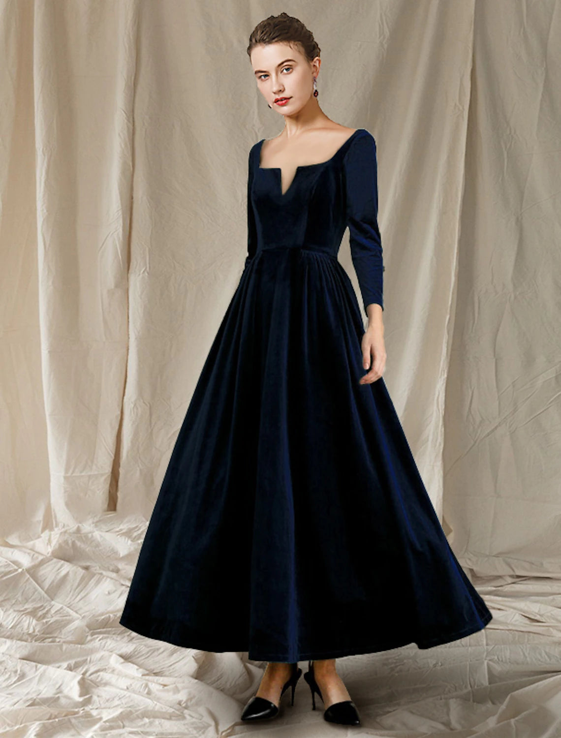 wholesale  A-Line Mother of the Bride Dress Wedding Guest Elegant V Neck Ankle Length Velvet Long Sleeve with Pleats