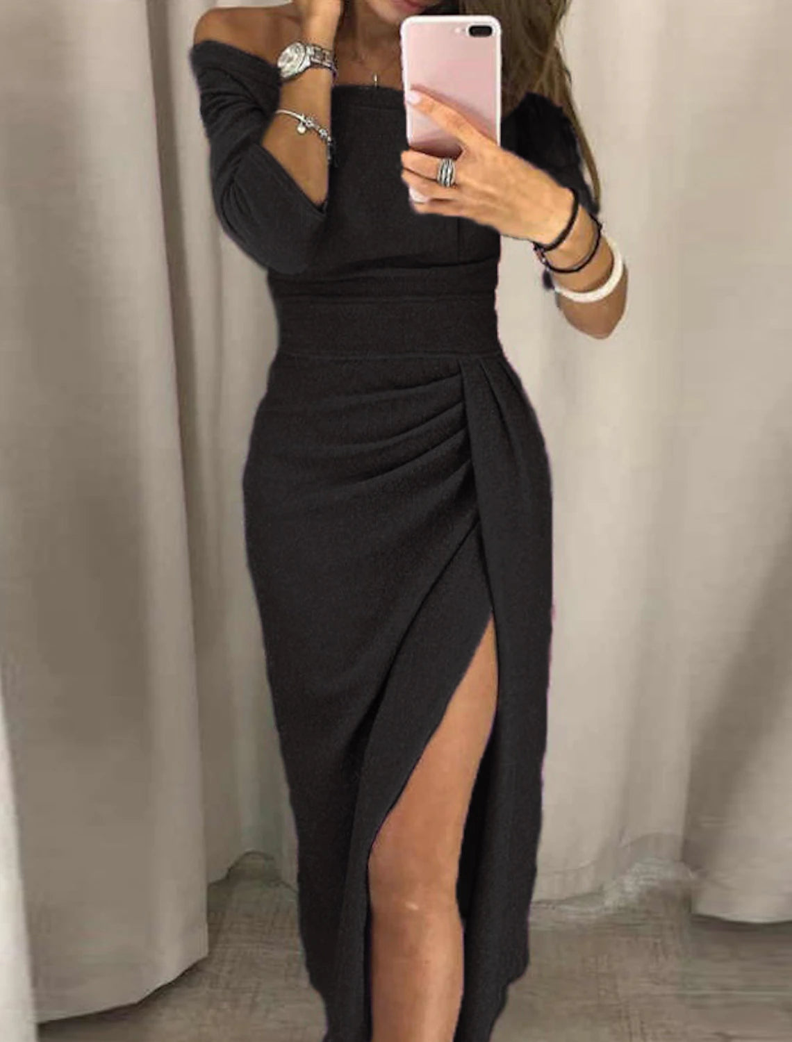 Wholesa Sheath / Column Cocktail Dresses Party Dress Party Wear Prom Ankle Length Half Sleeve Off Shoulder Fall Wedding Guest Jersey with Ruched Slit