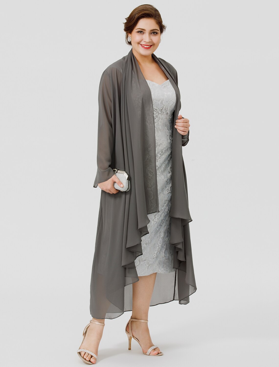 wholesale  Sheath / Column Mother of the Bride Dress Formal Elegant & Luxurious Plus Size Convertible Dress Straps Tea Length Chiffon All Over Lace Sleeveless yes with Lace