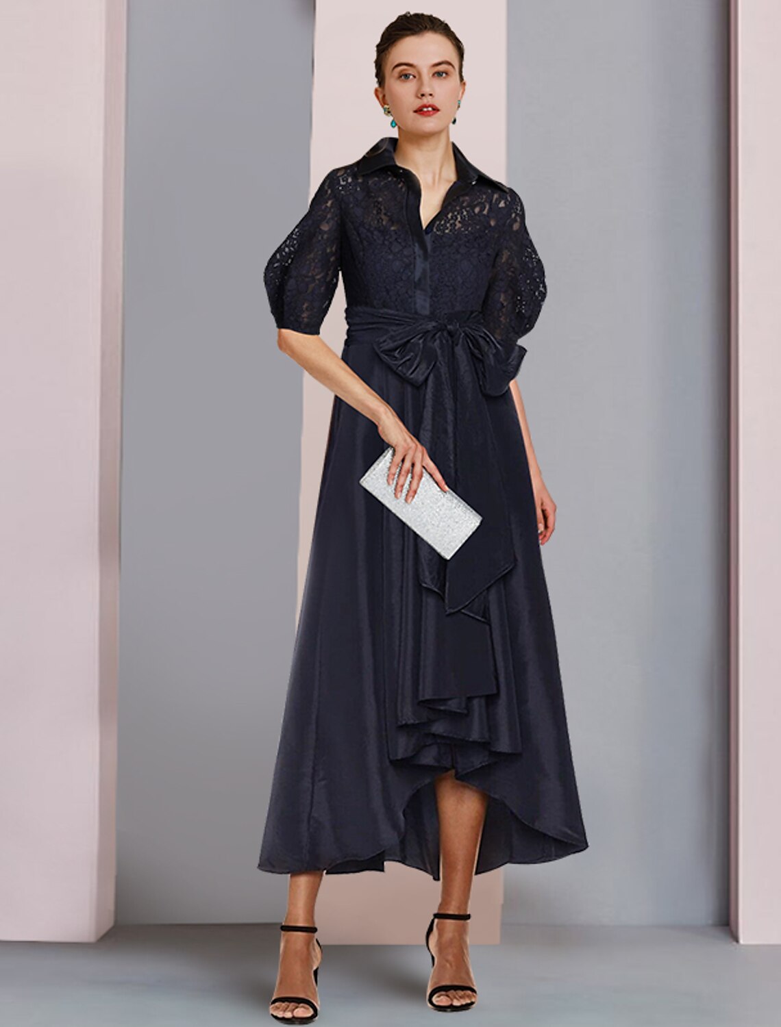 wholesale  A-Line Mother of the Bride Dress Formal Wedding Guest Elegant High Low Shirt Collar Asymmetrical Tea Length Taffeta Short Sleeve with Bow(s) Pleats