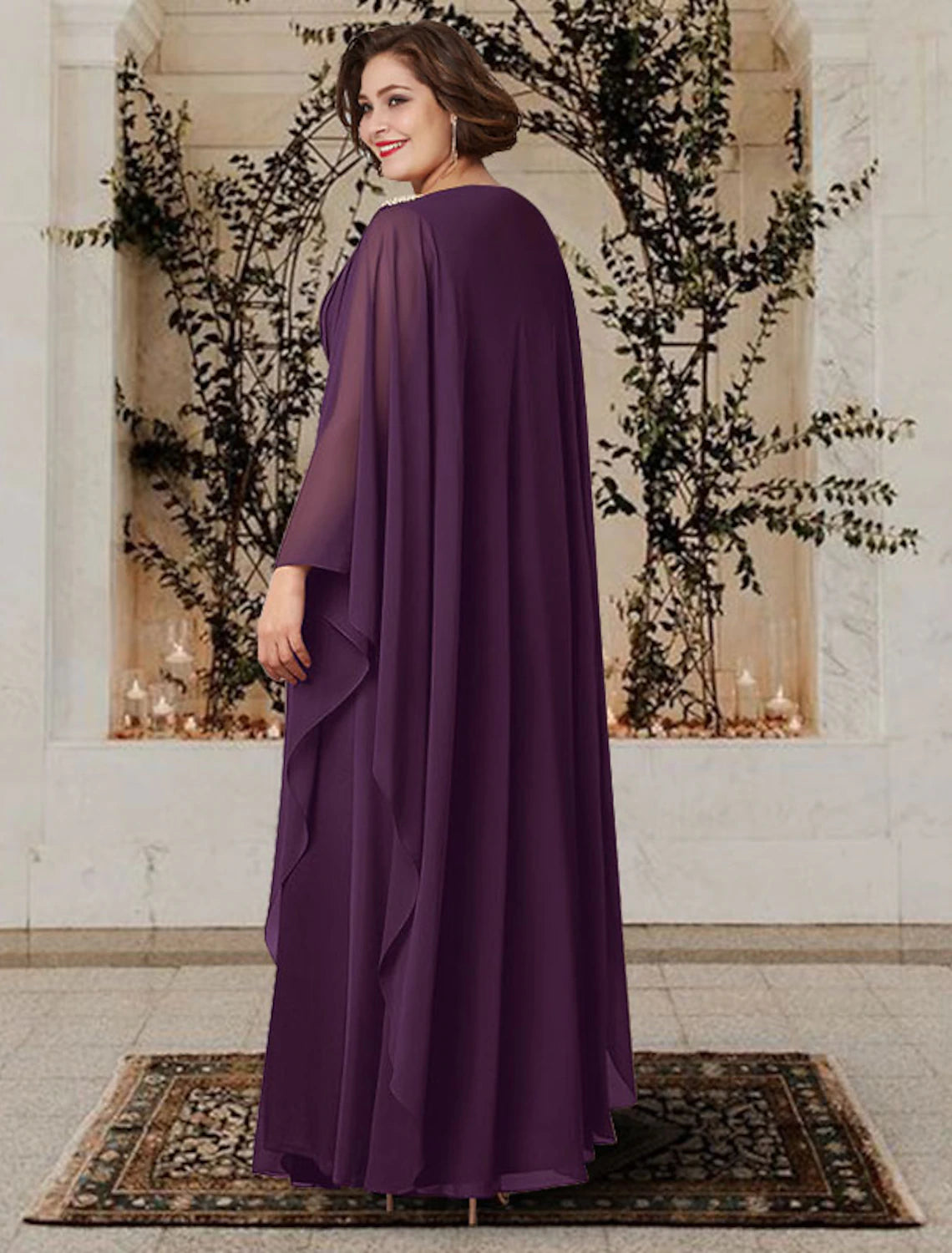 wholesale  A-Line Mother of the Bride Dress Plus Size Elegant V Neck Floor Length Chiffon Long Sleeve with Pleats Crystals